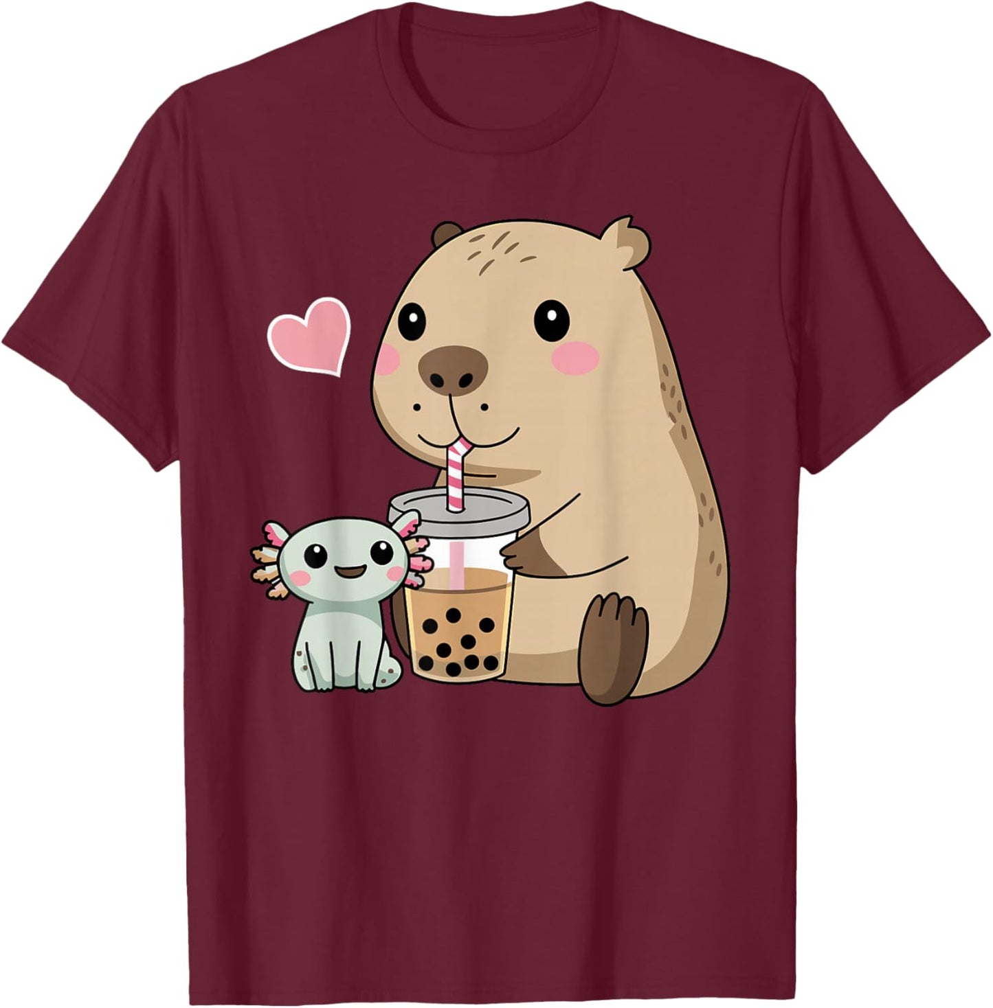 Cute Axolotl Lover Capybara Kawaii Anime Drinking Bubble Tea T-Shirt - T-Shirt | Maroon