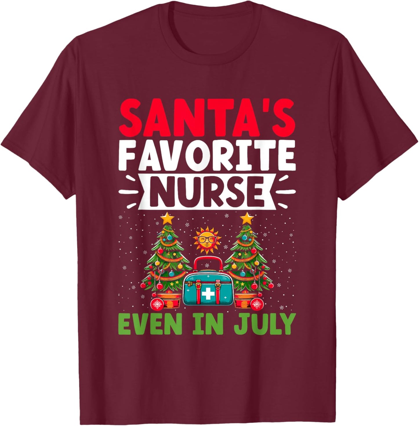 Christmas In July Nurse Santa Hat Summer Medical RN T-Shirt - T-Shirt | Maroon
