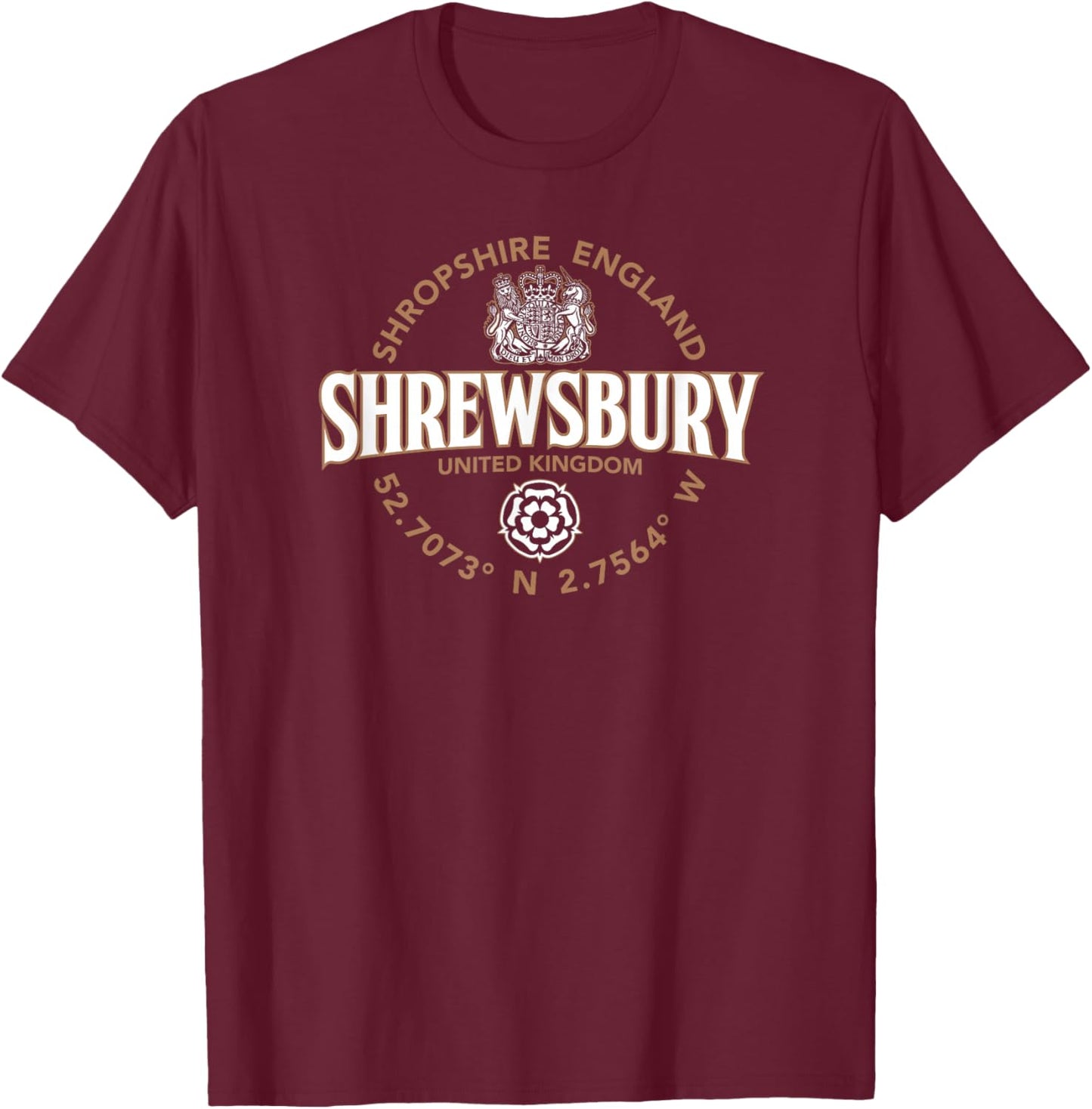 Shrewsbury Shropshire England Coordinates Label 2C T-Shirt - T-Shirt | Maroon
