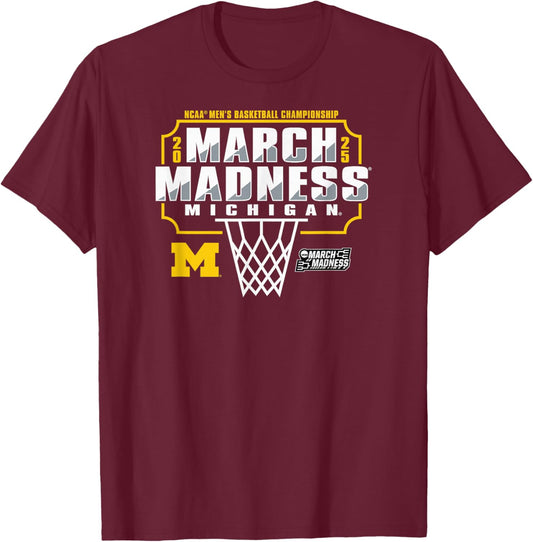 Michigan Wolverines March Madness 2025 Basketball Navy T-Shirt - T-Shirt | Maroon