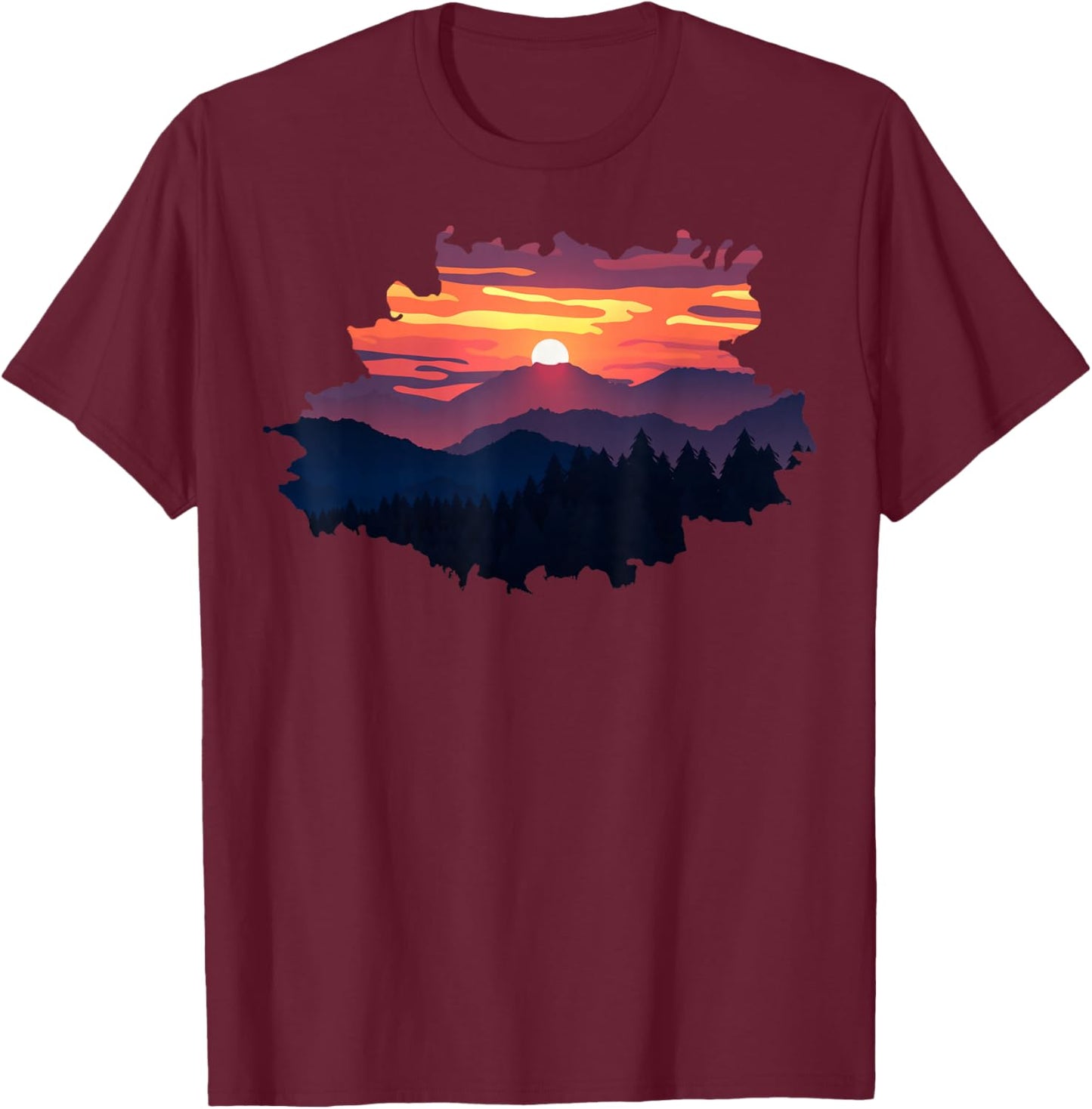 Mountain, Nature Trees and Sunset T-Shirt - T-Shirt | Maroon