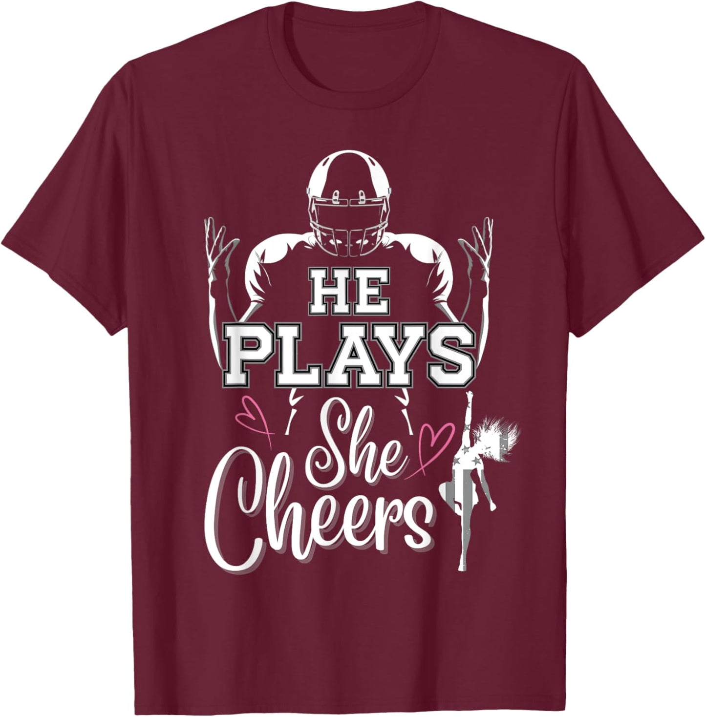 He Plays She Cheers Mom and me Football Season Cheerleader T-Shirt - T-Shirt | Maroon