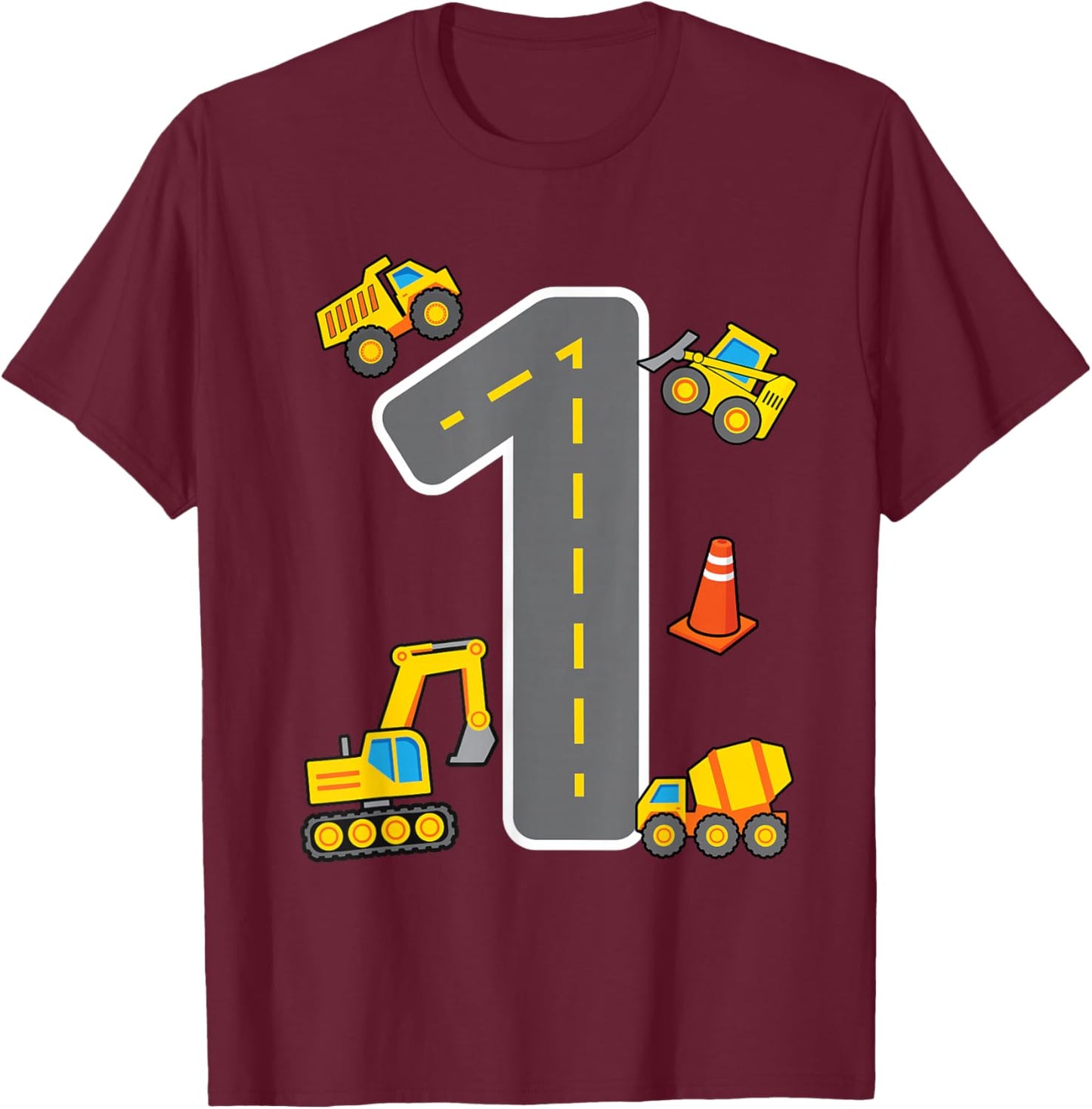 I'm 1 Construction Theme 1st Birthday Party Boys Excavator T-Shirt - T-Shirt | Maroon