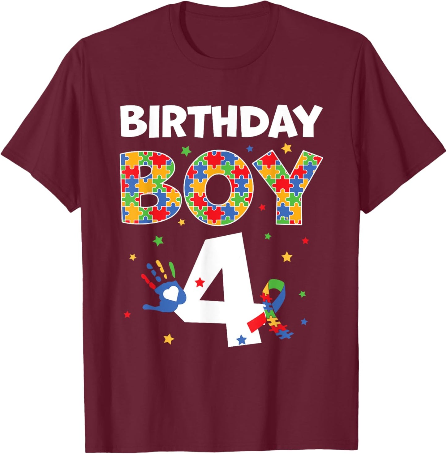 The 4th Birthday Boy Autism Awareness Puzzle Piece T-Shirt - T-Shirt | Maroon