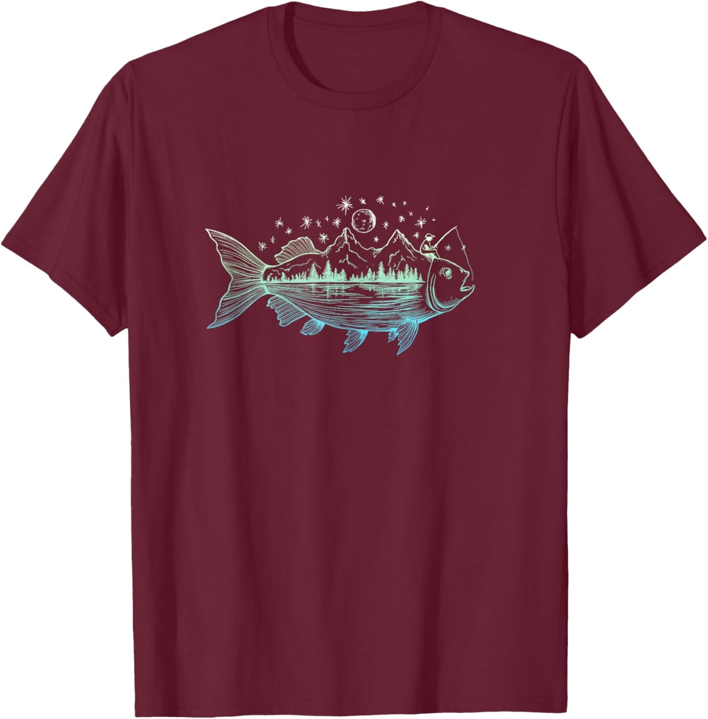 Cool Fish Shaped from Mountains Nature Scene Fishing T-Shirt - T-Shirt | Maroon