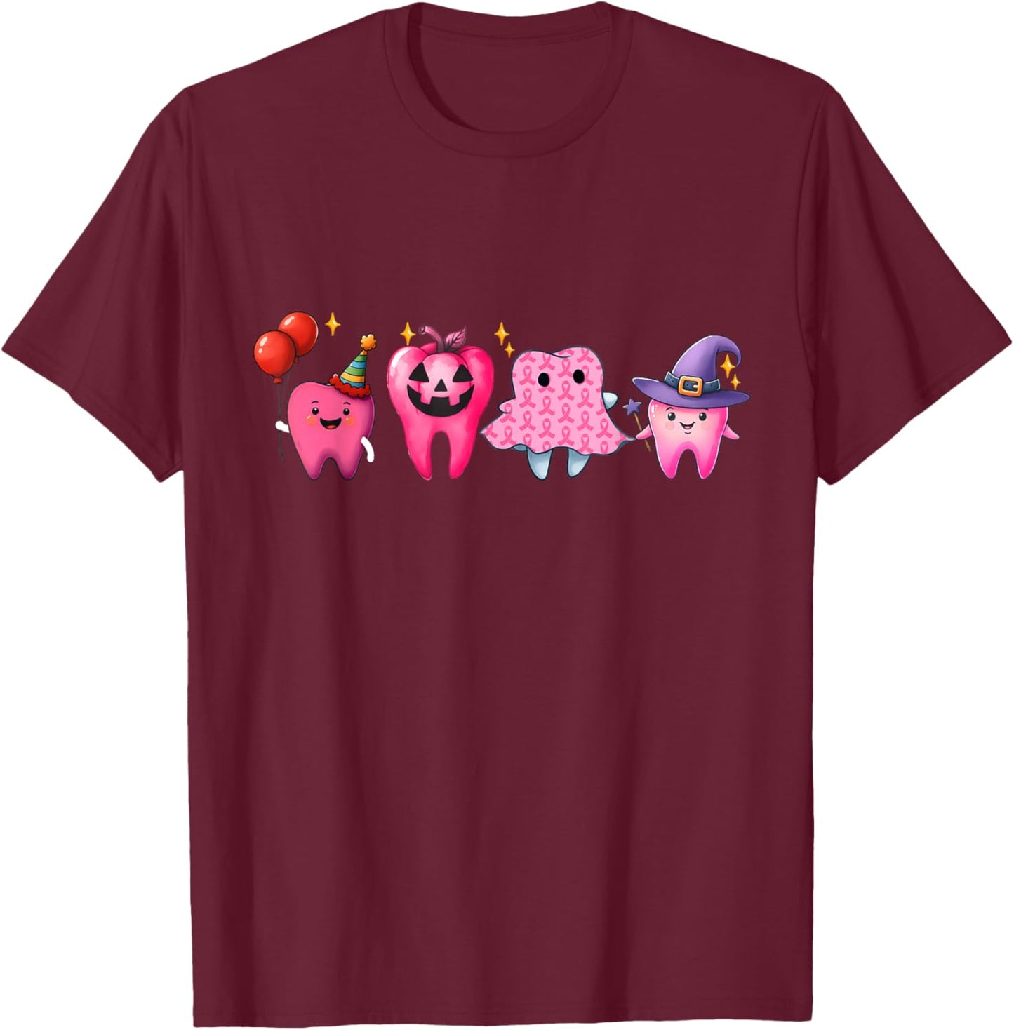 Dental Breast Cancer Awareness Tooth Dental Pink Ribbon T-Shirt - T-Shirt | Maroon