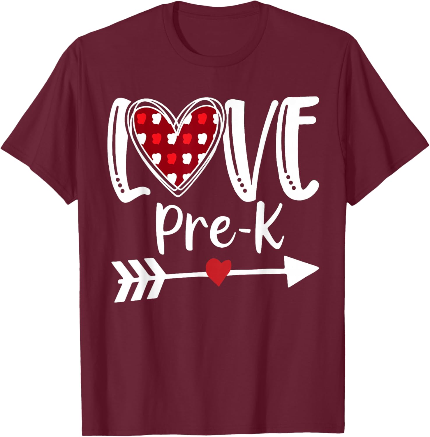 Love Pre-K Red Plaid Heart Valentines Day Teacher Student T-Shirt - T-Shirt | Maroon