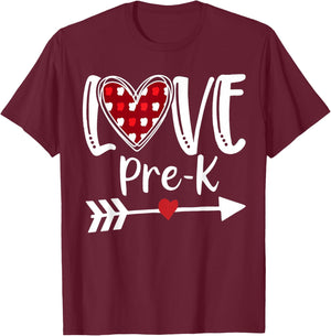 Love Pre-K Red Plaid Heart Valentines Day Teacher Student T-Shirt - T-Shirt | Maroon