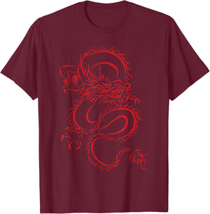 Red Chinese Firedrake Dragon - Dragon Print Art Wear- Dragon , Small, Black T-Shirt - T-Shirt | Maroon