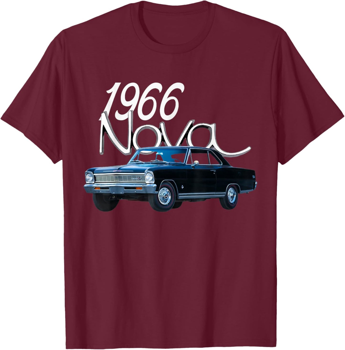 1966 66 Chevys Nova Classic Car Old School Muscle Blue Car T-Shirt - T-Shirt | Maroon