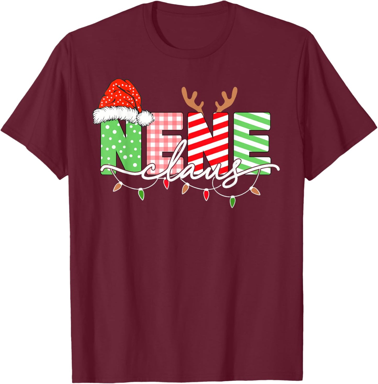 Nene Claus Christmas Lights Santa Hat Family Matching T-Shirt - T-Shirt | Maroon