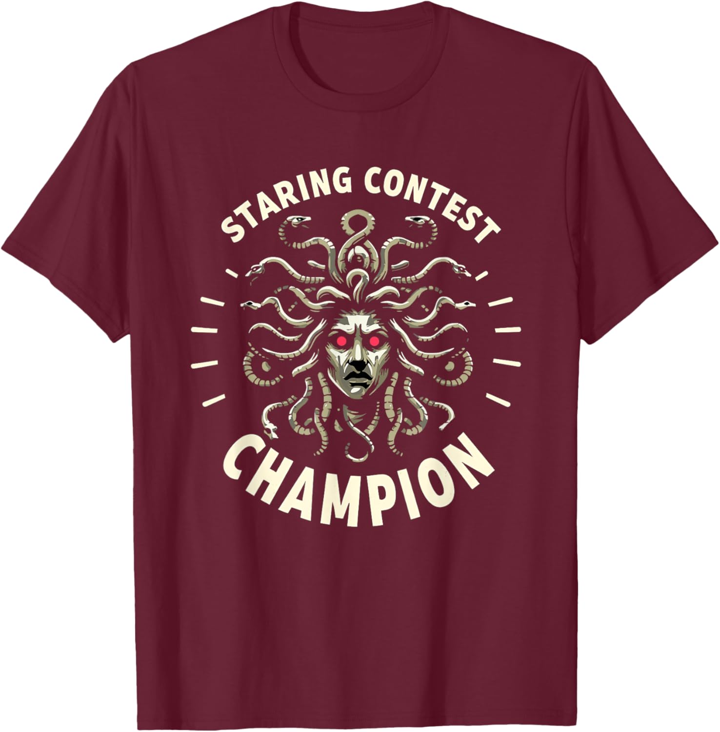 Funny Greek Mythology Staring Contest Medusa T-Shirt - T-Shirt | Maroon