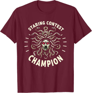 Funny Greek Mythology Staring Contest Medusa T-Shirt - T-Shirt | Maroon
