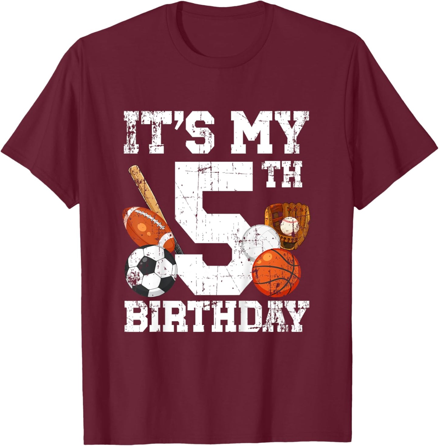 Kids 5th Birthday Sports Birthday Party Five Year Old Boy Bday T-Shirt - T-Shirt | Maroon