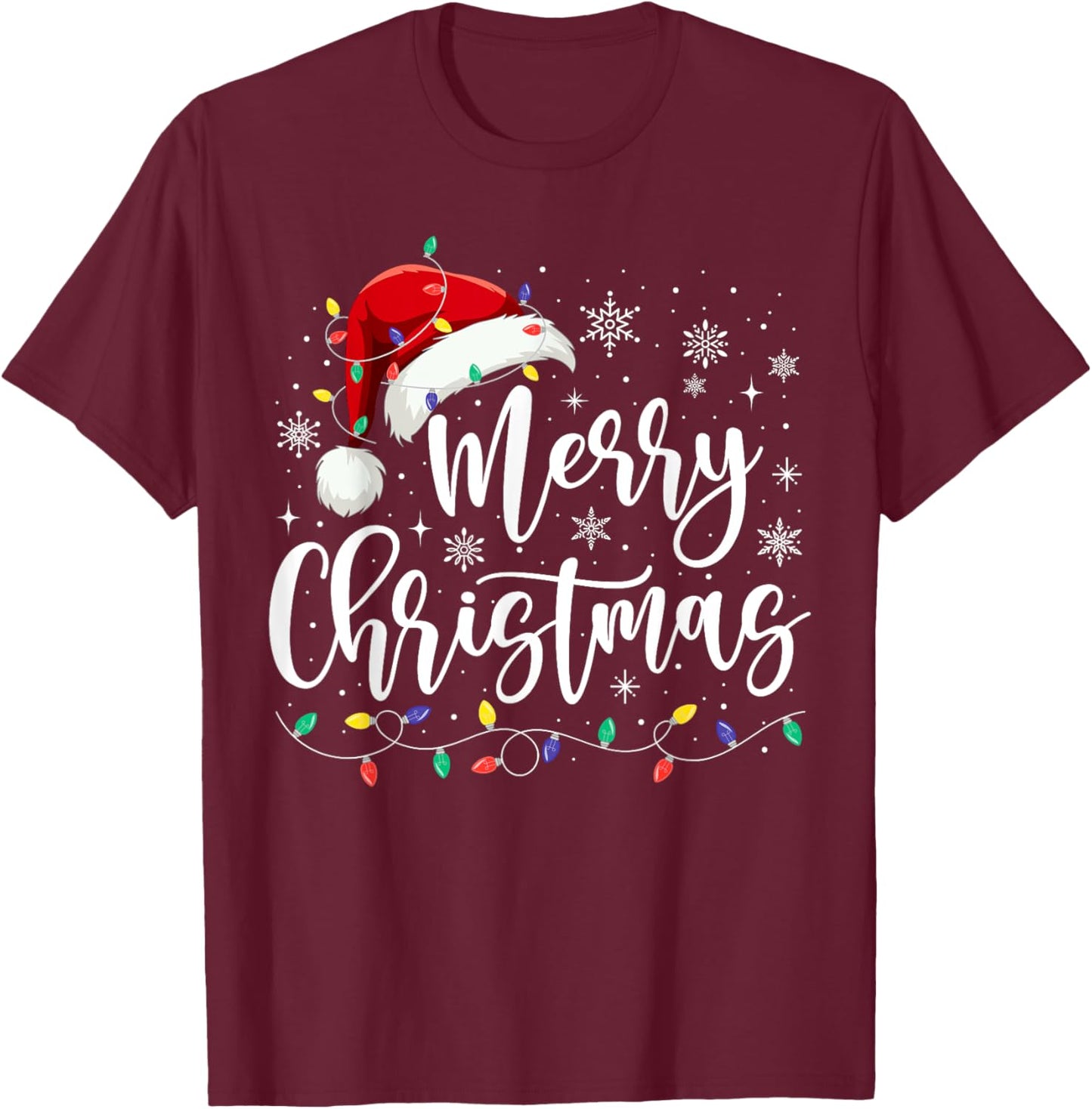 Merry Christmas Lights Red Santa Hat Xmas Family Men Women T-Shirt - T-Shirt | Maroon