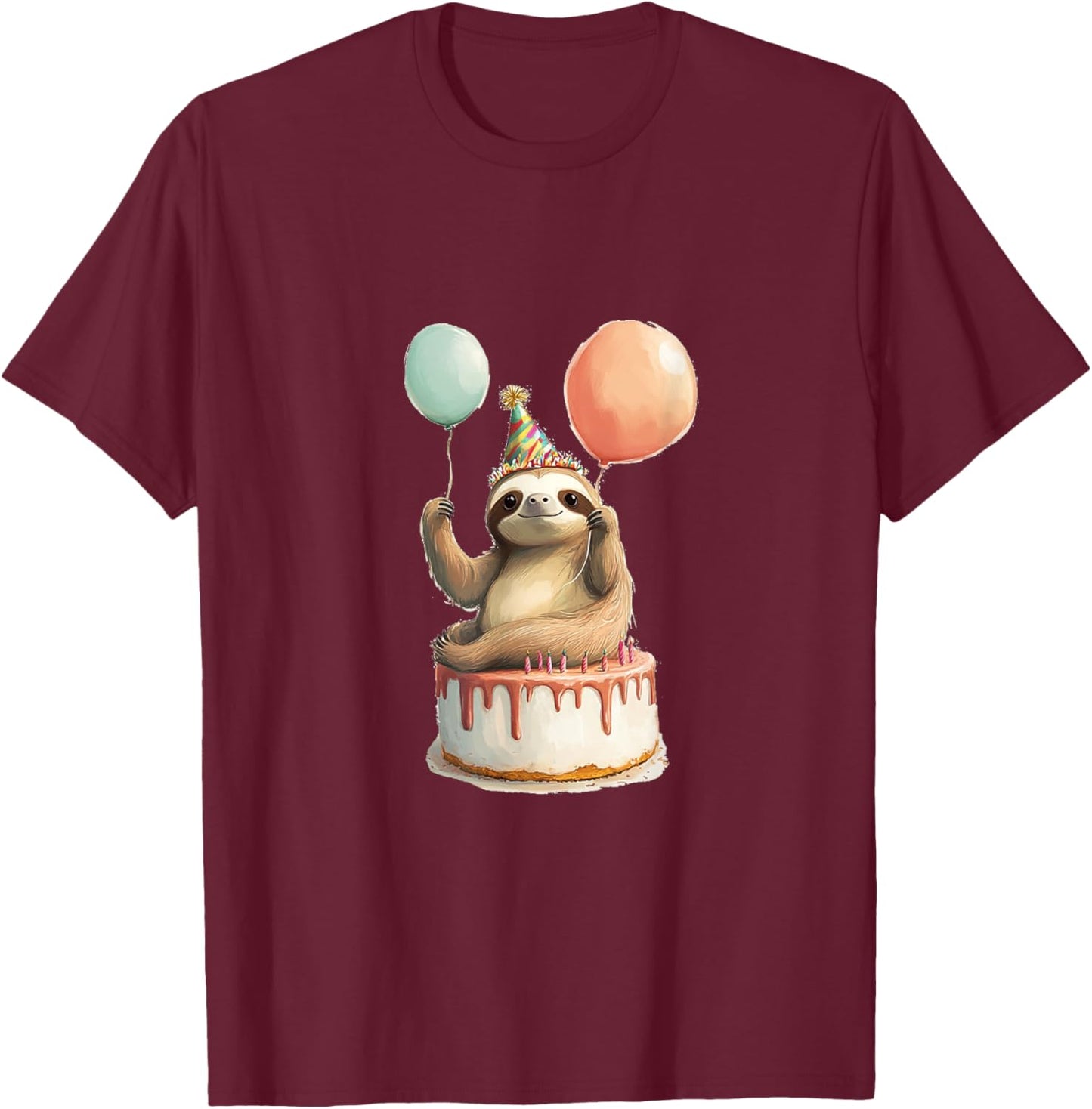 Sloth Happy Birthday Balloon Party Cake T-Shirt - T-Shirt | Maroon