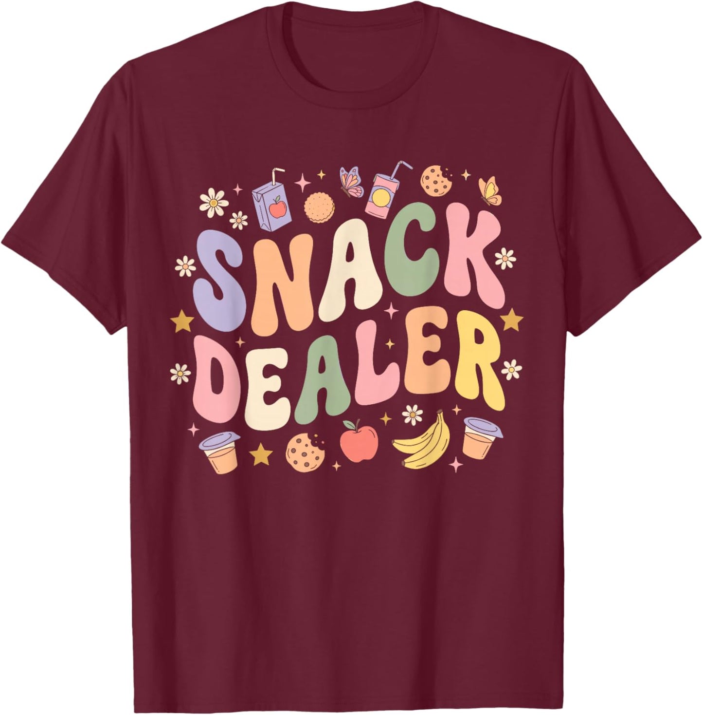 Snack Dealer Summer Camp Staff Daycare Worker Groovy Retro T-Shirt - T-Shirt | Maroon