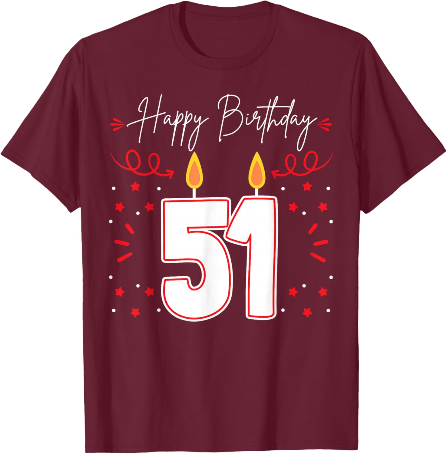 Candle 51 Birthday Party Decoration Wishes Candlelight Cake T-Shirt - T-Shirt | Maroon