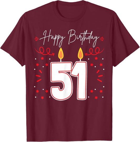 Candle 51 Birthday Party Decoration Wishes Candlelight Cake T-Shirt - T-Shirt | Maroon
