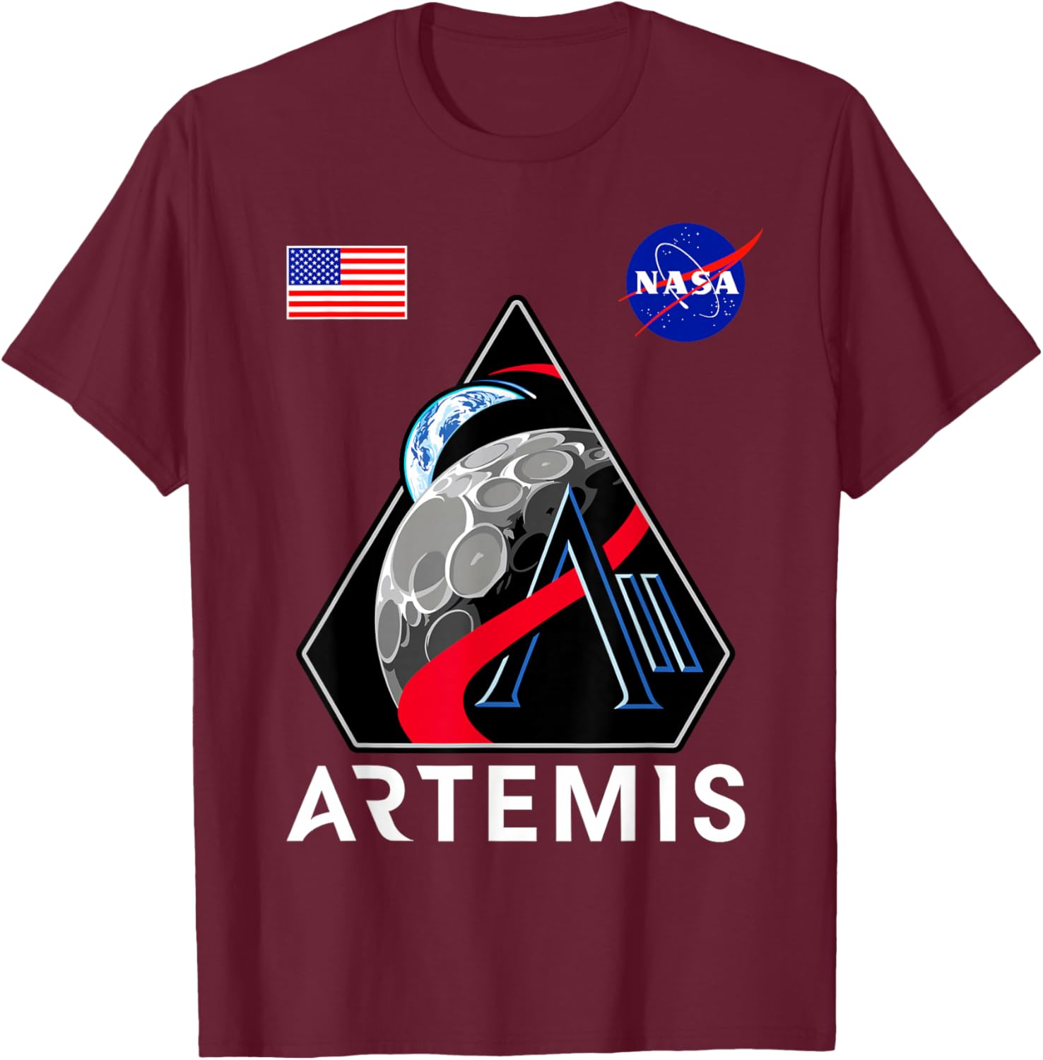 NASA Artemis II Mission Patch Commemorative Meatball Logo T-Shirt - T-Shirt | Maroon