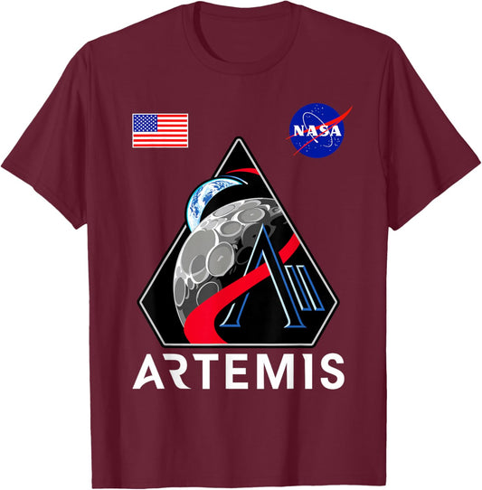 NASA Artemis II Mission Patch Commemorative Meatball Logo T-Shirt - T-Shirt | Maroon