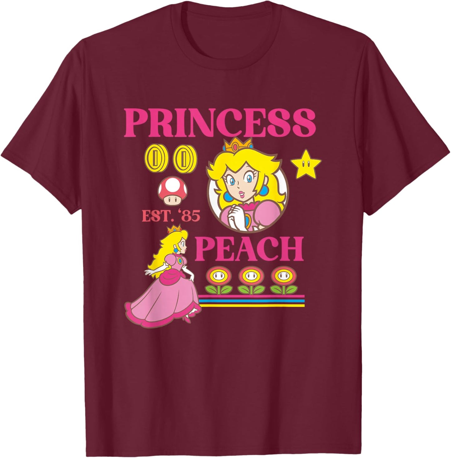 Super Mario Bros Fire Flower Princess Peach Power Up T-Shirt - T-Shirt | Maroon