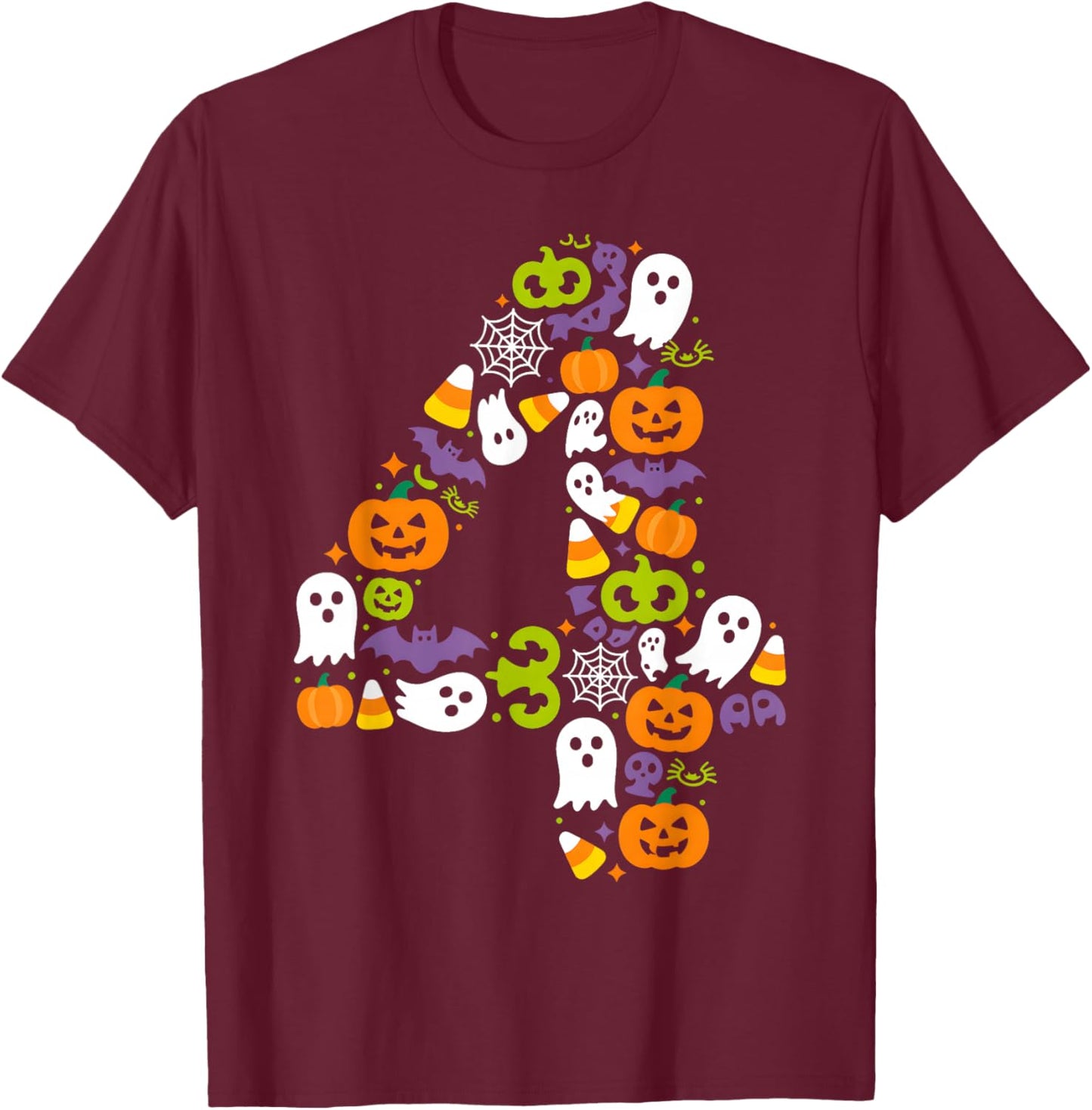 Halloween Birthday Number Four Pumpkin Ghost Kids T-Shirt - T-Shirt | Maroon