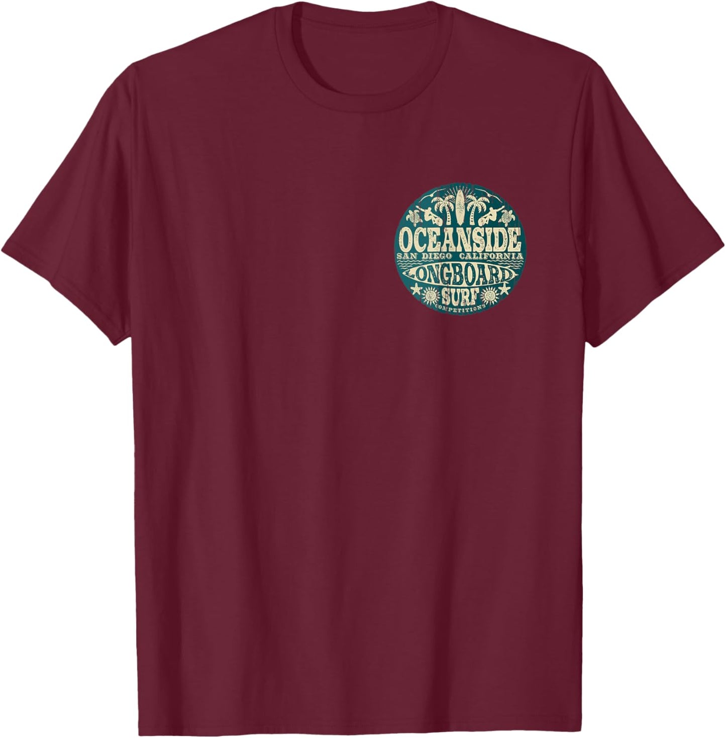 2-Sided Vintage Oceanside California Longboard Surfing T-Shirt - T-Shirt | Maroon