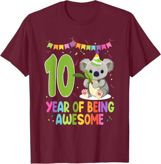 10 Years Of Being Awesome Birthday 10th Koala Theme T-Shirt - T-Shirt | Maroon