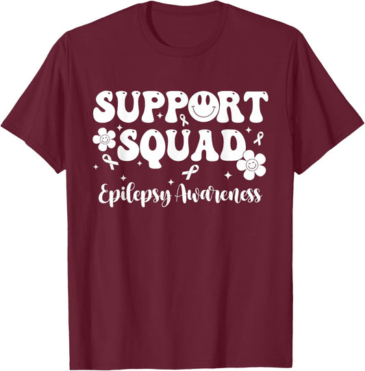 Retro Groovy Support Squad Epilepsy Awareness T-Shirt - T-Shirt | Maroon