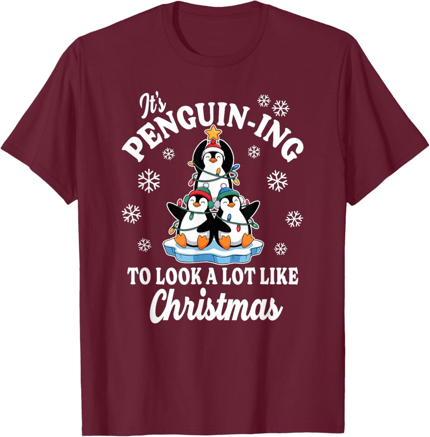 Penguin-ing Christmas Tree on Ice Cute Holiday T-Shirt - T-Shirt | Maroon