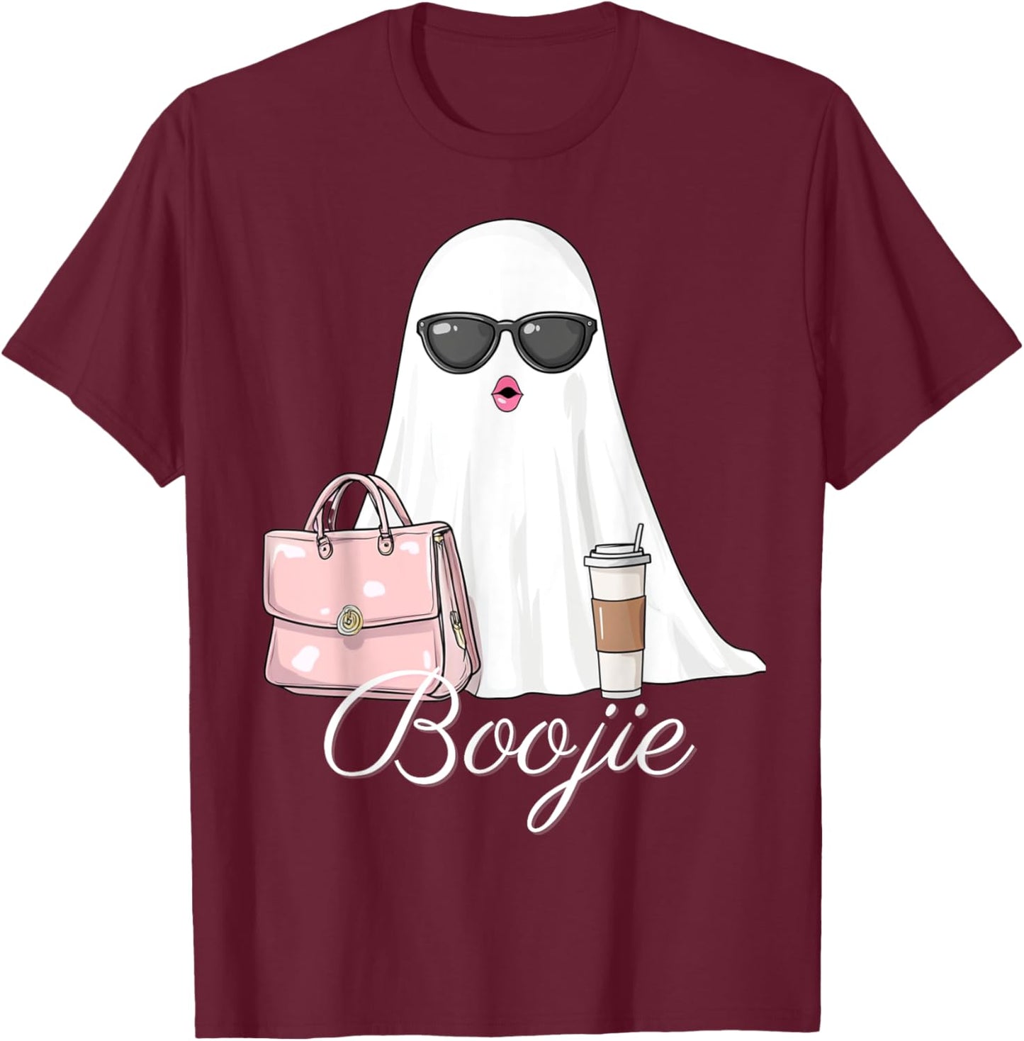 Boujee Boojie Funny Halloween Ghost with Pink Purse Lipstick T-Shirt - T-Shirt | Maroon