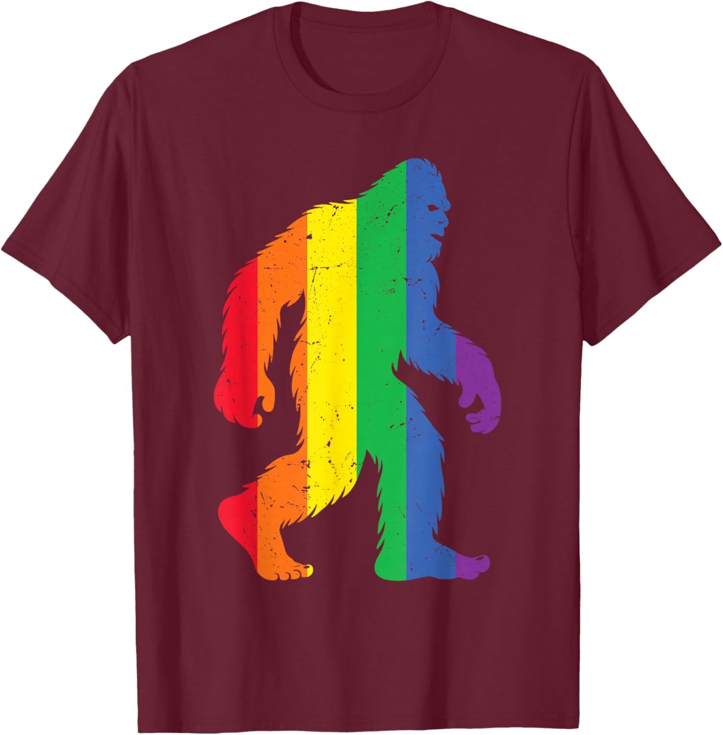 LGBTQ Flag Bigfoot Funny Gay Pride Month Sasquatch Rainbow T-Shirt - T-Shirt | Maroon