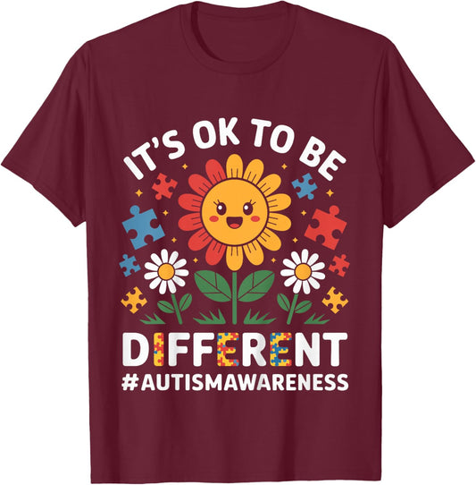 Kids It's OK To Be Different Sunflower Autism Awareness Girls T-Shirt - T-Shirt | Maroon