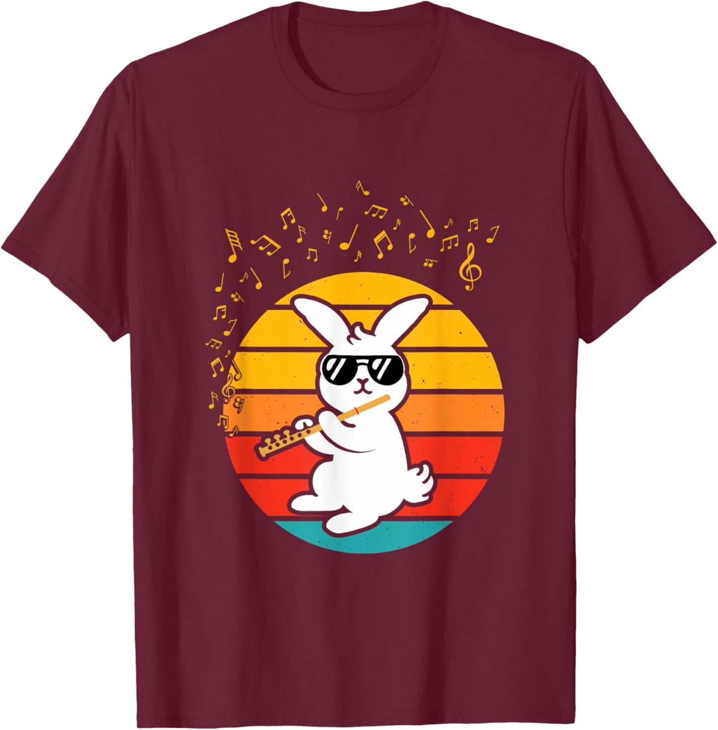 Cool Bunny with Flute - Music Lover Retro Rabbit Flute T-Shirt - T-Shirt | Maroon