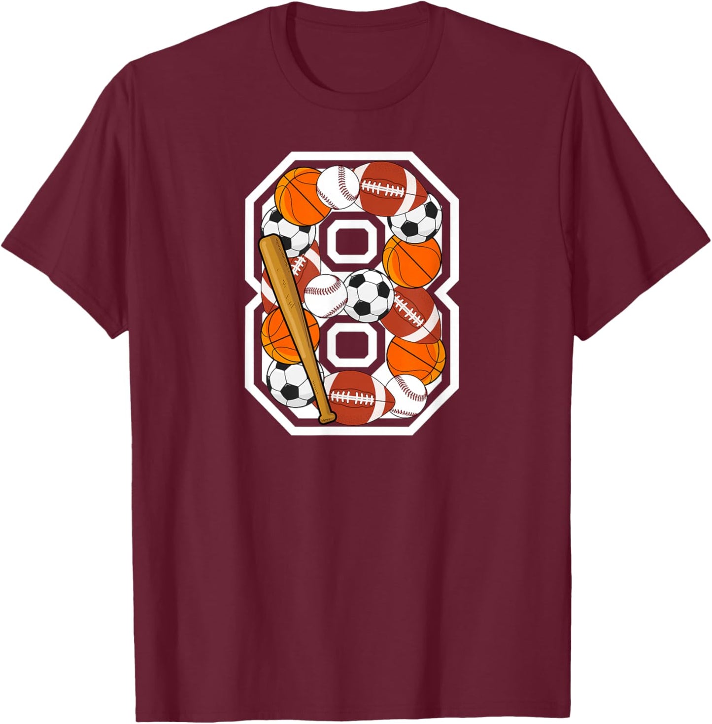 8th Birthday Sports Birthday Party 8 Year Old Boy T-Shirt - T-Shirt | Maroon