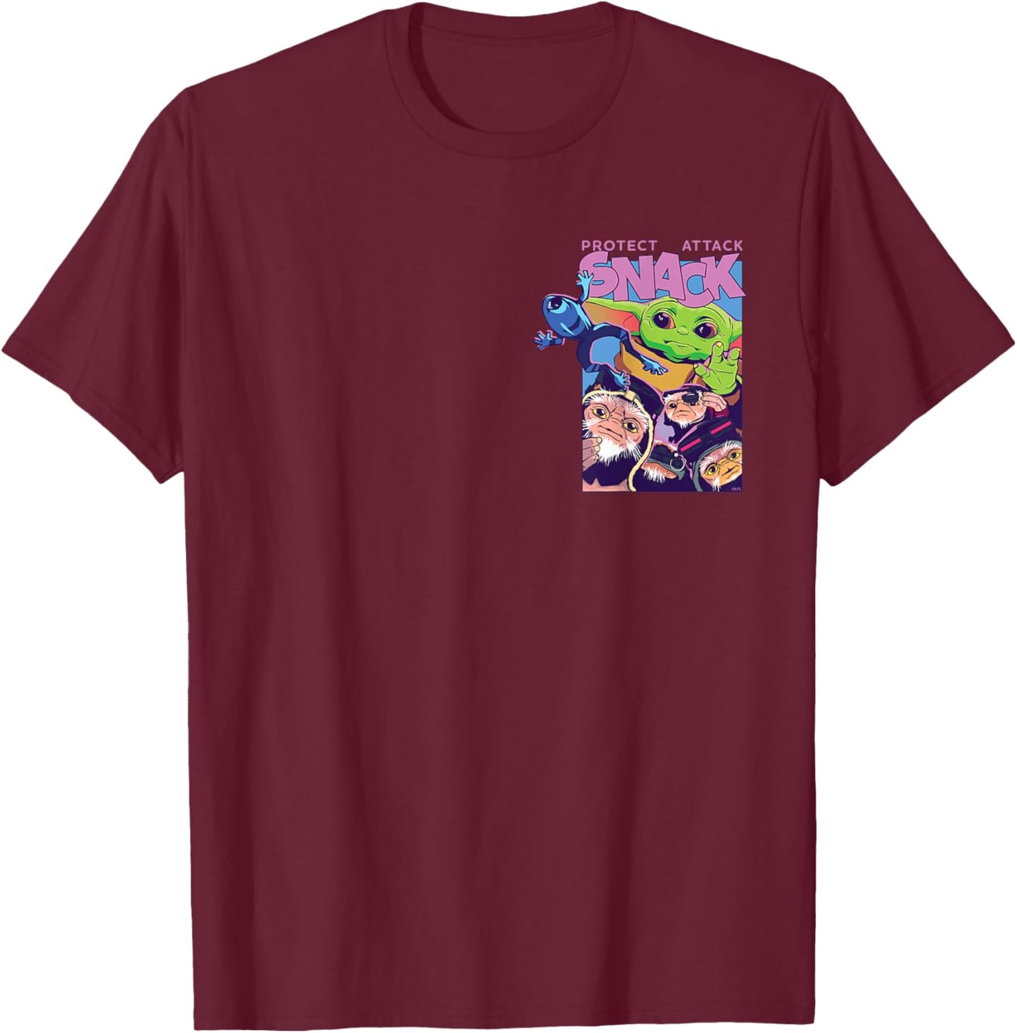 Star Wars: The Mandalorian and Grogu Protect Attack Snack T-Shirt - T-Shirt | Maroon