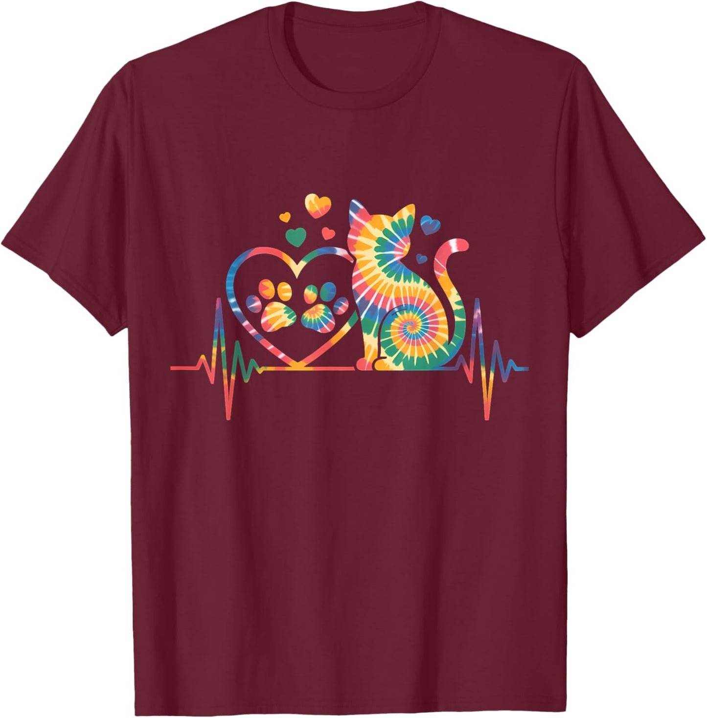 Cat Tie Dye Colorful Heartbeat EKG Pulse T-Shirt - T-Shirt | Maroon