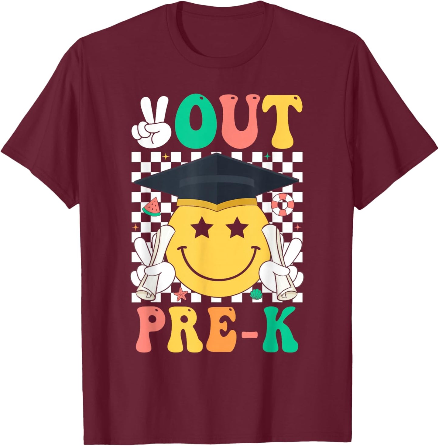 Peace Out Pre-K PreK Graduation Retro Last Day of School T-Shirt - T-Shirt | Maroon