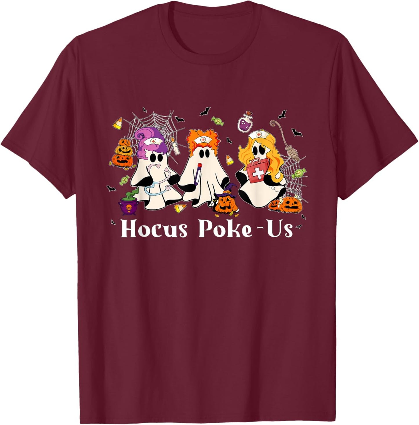 Retro Funny Hocus Poke-us Spooky Nurse Halloween Cute Ghost T-Shirt - T-Shirt | Maroon