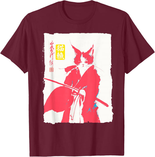 Samurai Cat Japanese Art Funny Anime Manga Graphic T-Shirt - T-Shirt | Maroon