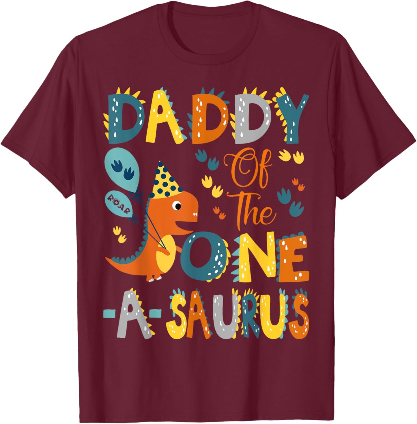 Dinosaur T-Rex 1St Birthday Matching Family Daddy Of The One-A-Saurus -Kids Black Small Modern Classic Cartoon Dinosaur Birthday T-Shirt - T-Shirt | Maroon