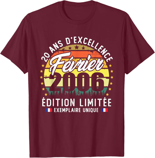 Vintage February 2006 Birthday Gift 20 Years T-Shirt - T-Shirt | Maroon