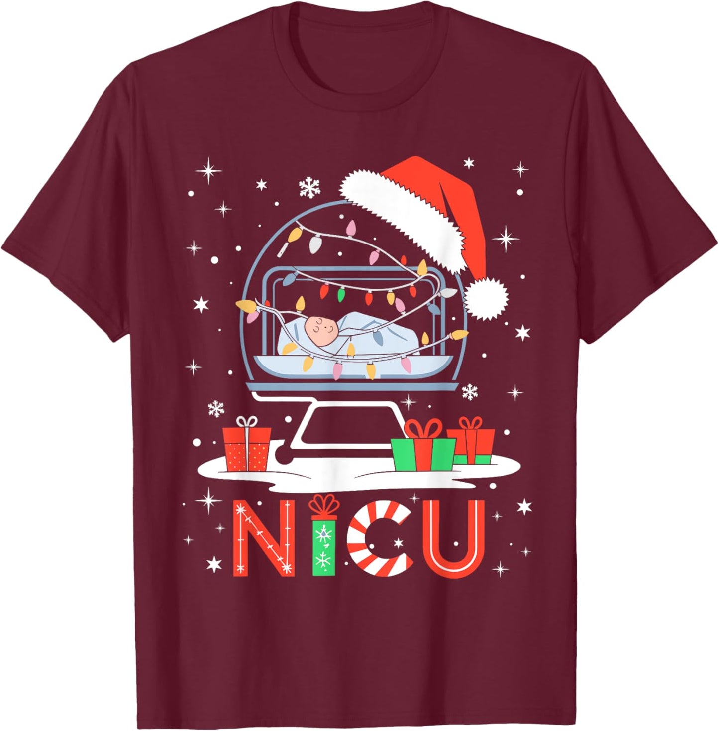 Neonatal Intensive Care Unit Xmas Funny Nicu Nurse Christmas T-Shirt - T-Shirt | Maroon