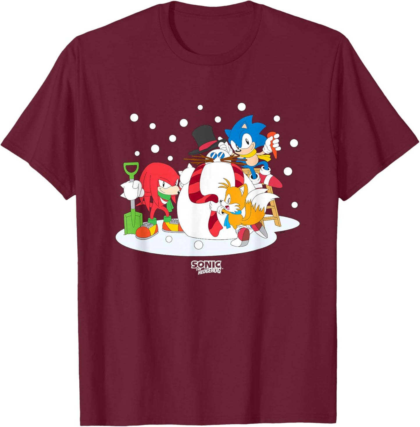 Sonic The Hedgehog Christmas Team Sonic Building Snowman T-Shirt - T-Shirt | Maroon
