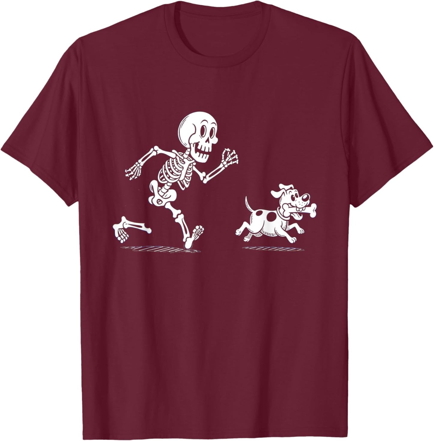 Halloween Dog, Funny Skeleton, Skeleton Chasing Dog T-Shirt - T-Shirt | Maroon