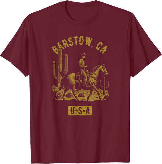 Barstow CA USA Cowboy Horse Distressed Style Design T-Shirt - T-Shirt | Maroon