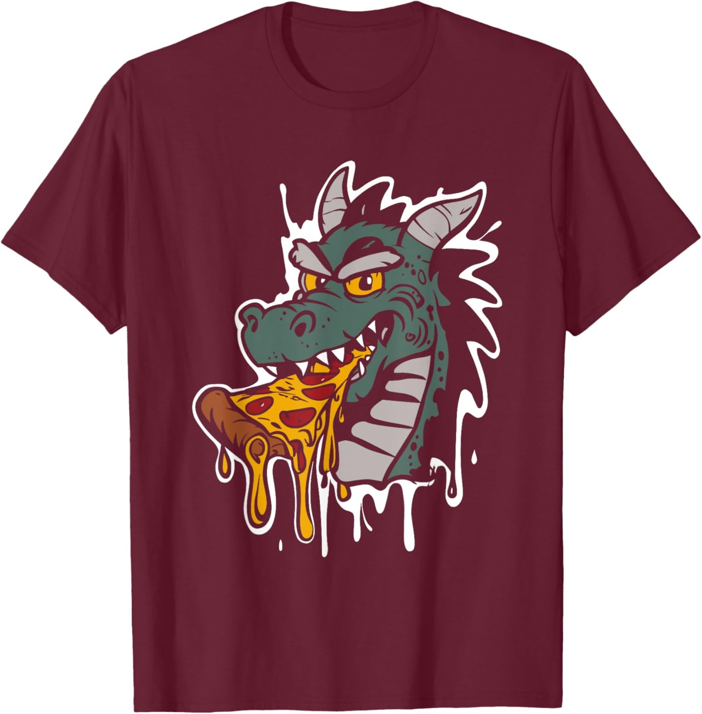 Dragon Eating Pizza - Vintage Dragon Pizza Slice Lover T-Shirt - T-Shirt | Maroon