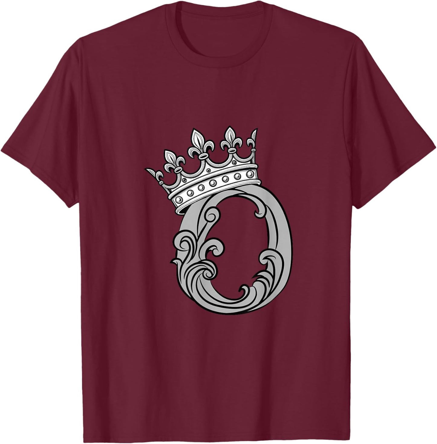 Grey Color Letter O Initial + Crown Grey Graphic T-Shirt - T-Shirt | Maroon
