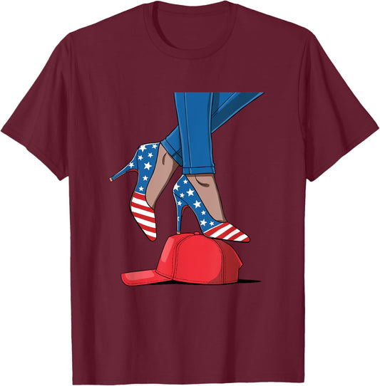 Kamala Harris High Heel Shoes Stepping on Red Hat T-Shirt - T-Shirt | Maroon